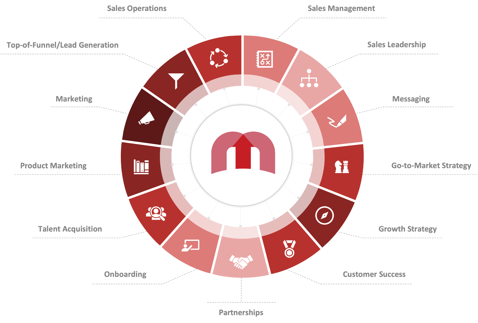 Executive coaching wheel showing all service areas including Sales Operations, Sales Management, Sales Leadership, Executive Coaching, Go-to-Market Strategy, Growth Strategy, Customer Success, Partnerships, Onboarding, Talent Acquisition, Product Marketing, Marketing, and Top-of-Funnel Lead Generation